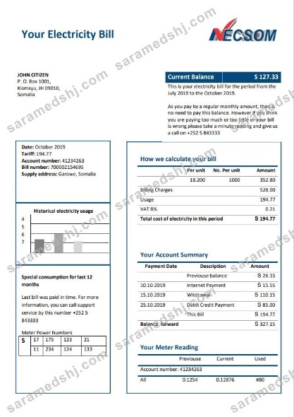 Somalia NESCOM Company electricity utility bill template in Word and PDF format